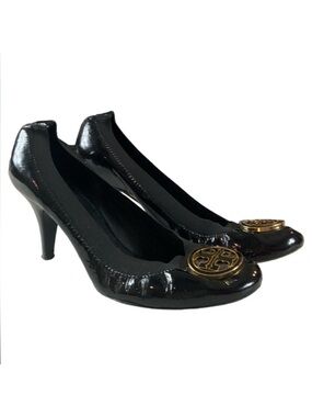 Tory Burch Caroline Black Patent Leather Elastic Pump Gold Logo Size 10